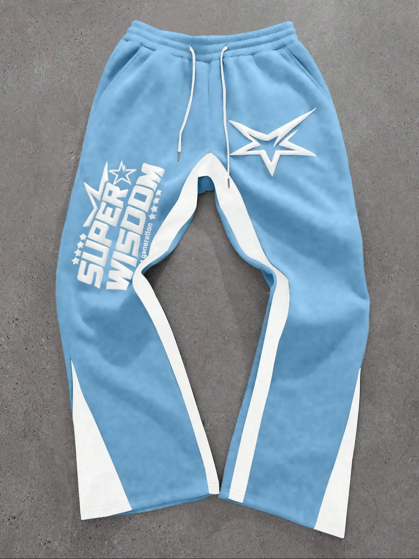 Fashion Sky Blue Patchwork Casual Pants,  Side Colorblock + Star & Letter Print, Loose Fit, Perfect for Daily Wear & Street Style, Chic Comfy Pants