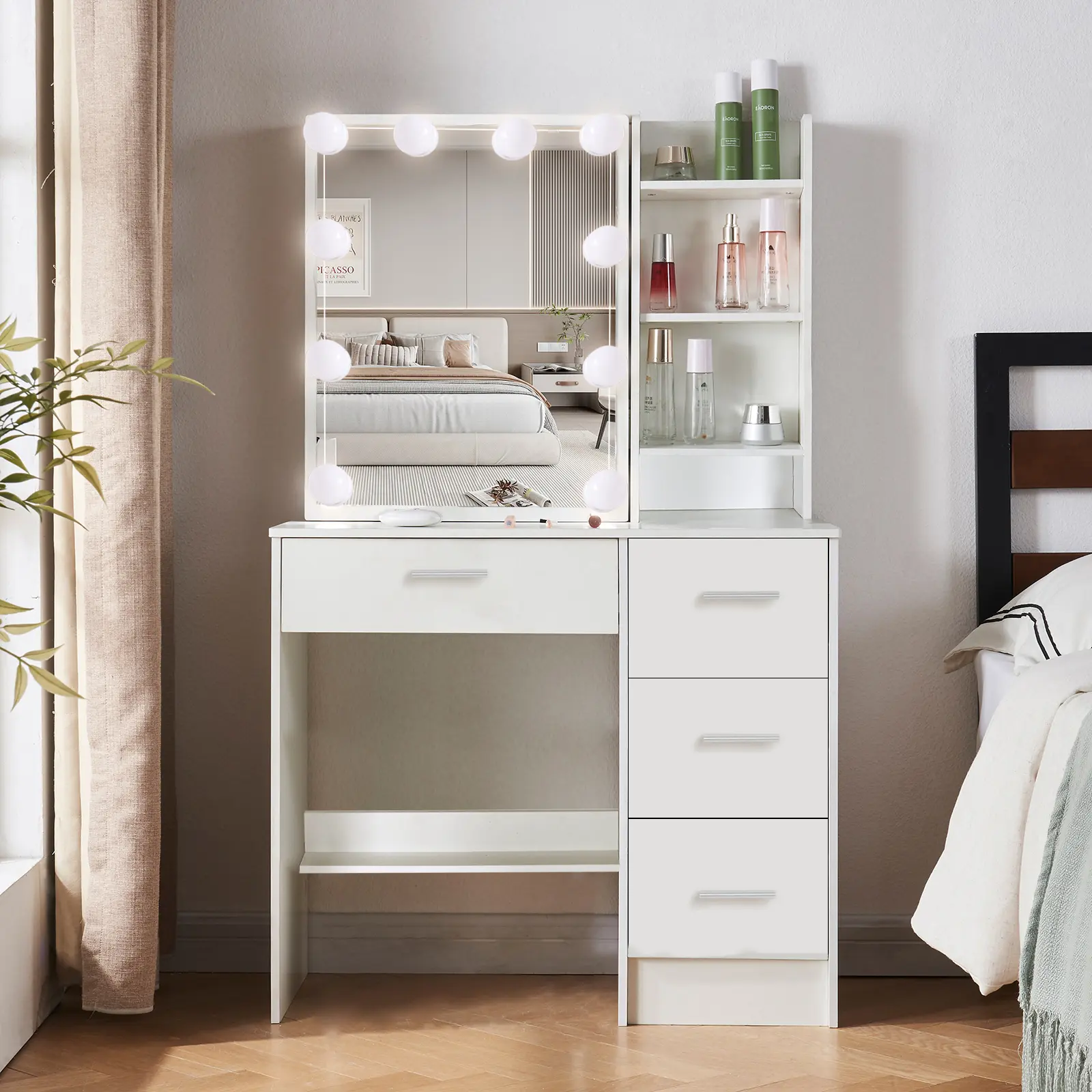 White Makeup Vanity with Lighted Mirror , Vanity Table Set with Adjustable Lighting, 4 Drawers, Storage Shelfs for Bedroom