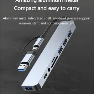 1pc 8-In-1 USB/Type-C Dual Interface Hub, USB3.0 Computer Adapter, USB Charger, Office USB Docking Station, Power Adapter, Computer & Mobile Accessories, 5V 0.5A USB Charging Station, With USB 3.0, USB 2.0, SD/TF Card Reader, Type-C 3.1, Microphone/Audio