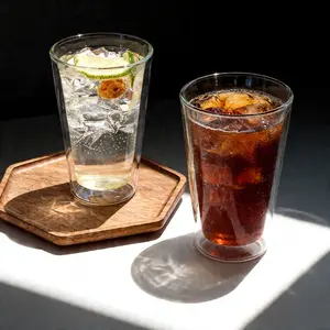 (Set of 2-4-6) 14ozPremium Double Wall Borosilicate Glass Cups - No Condensation, Dishwasher Safe, Perfect For Iced Coffee, Cola & Soda | Summer Kitchen & Bar Essential, Drinkware Sets