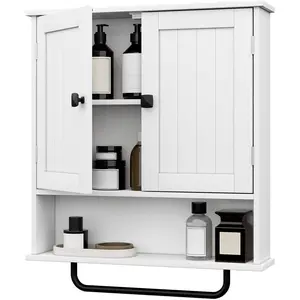 Bathroom Cabinet Wall Mounted Medicine Cabinets with Towels Bar, Over The Toilet Storage Cabinet with 2 Doors and Adjustable Shelf, White Wall Cabinet for Bathroom Laundry Kitchen