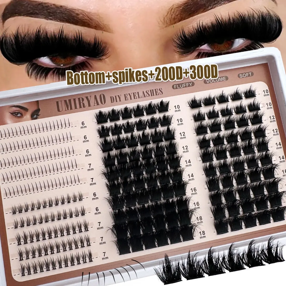 Spikes Bottom 300D/200D/100D/60D Fluffy Lash Clusters 4 IN 1 Spikes & Bottom Lashes Eyelash Extensions D/DD Curl Individual Lashes 6-18MM Cosplay Spiky Wispy Mink Fake Eyelashes, Fluffy False Eyelashes
