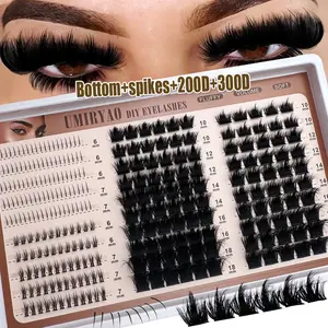 Spikes+Bottom+300D/200D/160D/100D/60D Fluffy Lash Clusters 4 IN 1 Eyelash Clusters Spikes Eyelash With Bottom Lashes Clusters Thick Cluster Eyelash Extensions D/DD Curl Lashes Clusters Individual Lashes 6-18MM Cosplay 3D Spiky Wispy Thick Mink Fake Eyelas