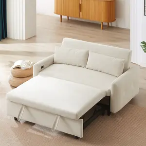 57.48" Loveseat Sofa Couch with Pull Out Bed, 3 in 1 Convertible Corduroy Fabric Sleeper Sofa Bed with USB Ports, and 2 Soft Pillows for Apartment, Office, Living Room (Beige)