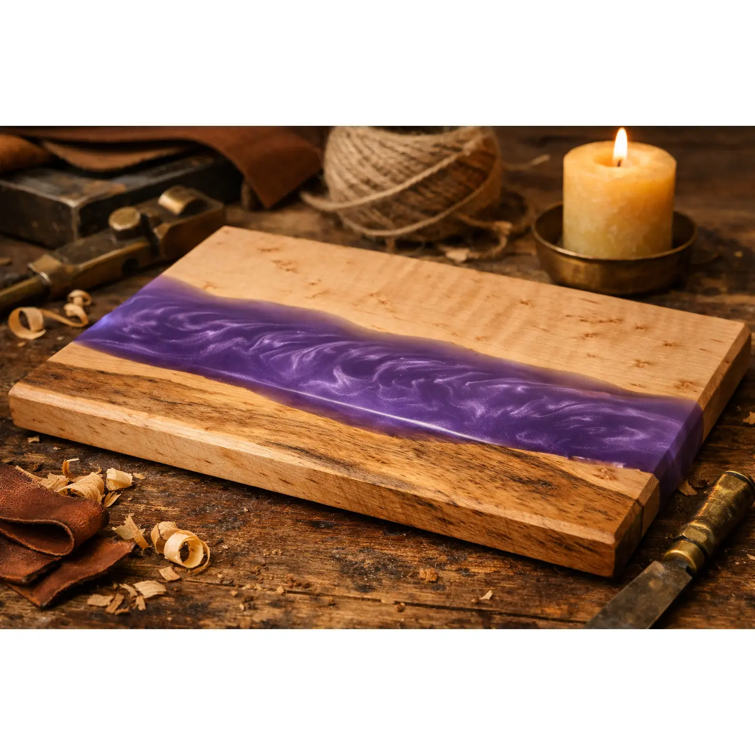 Handmade Maple Wood Charcuterie Board - Birds Eye Maple-Purple Epoxy Resin, Mineral Oil-Finished Chopping Board, Rustic Kitchen Decor, Handmade Gifts for Entertainers, Note to Re-Oil Occasionally