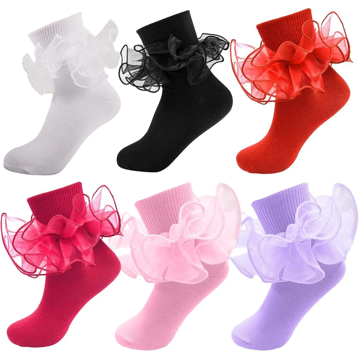 Girls Ruffle Socks Toddler Double Lace Sock Turn Cuff Frilly Dress Socks Pageant with Ruffles Little Baby Girl Kids
