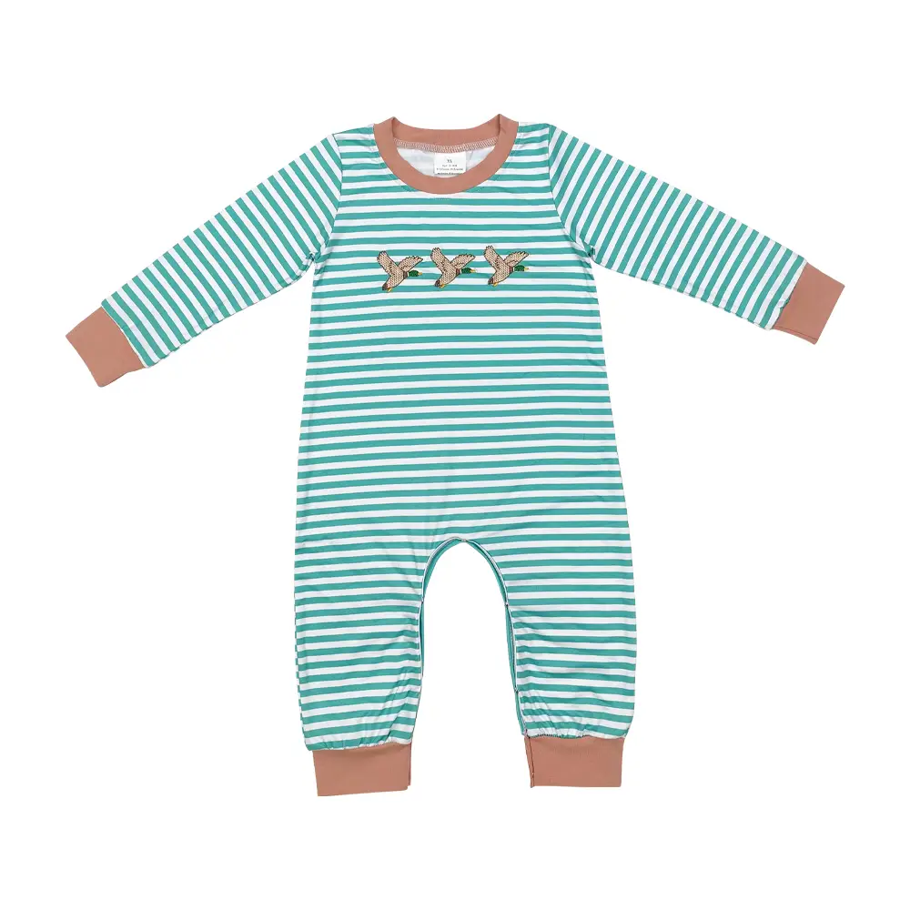 LR1618--Embroidered duck stripes brown-green long-sleeved romper