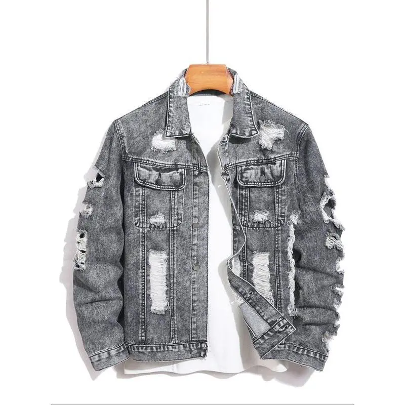 2026 Men's Distressed Ripped Denim Jacket Vintage Streetwear Long Sleeve Cotton Outerwear for, Coat Workwear Denim Trucker Jacket Rugged Utility, Casual Jacket, Men's Apparel, All Seasons