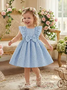 Baby Girls Summer New Butterfly Knot Decoration Pleated Skirt Sweet Dress, Light Blue Textured Flared Hem, Cute Fashion Baby Clothing