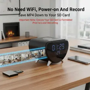WiFi6  4K UHD | Multifunctional 5-in-1: , Wireless Charger, Clock, Alarm, Room Thermometer | Remote Real-Time Viewing | Motion Detection | Local Recording | Home