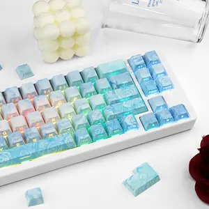 Rose Coast Blue Gradient Oil Painting Style PBT Keycaps Compatible with 61 64 87 104 108-key Cherry MX Switches Side-engraved Five-sided Dye-sublimation Transfer Custom Mechanical Keycaps Wear-resistant Anti-light-transmission Design