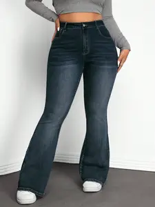 Plus Size High Waist Flare Jeans, Vintage Wash Slimming Fit Bell Bottoms, Comfortable Denim Jeans for Women, Stylish Casual Wear
