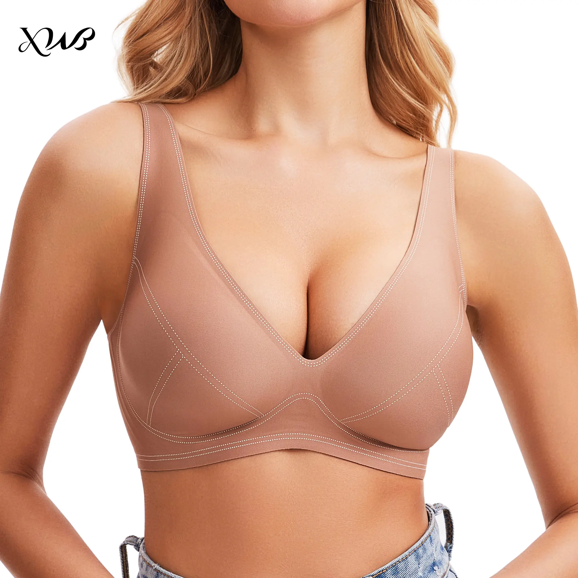 XWB Women's Nylon V-Neck Seamless Breathable Plain Bralette - Wireless Padded Push-Up Support, 3/4 Coverage, Minimalist V-Back Everyday Underwear, Dry Clean Only, Size 2XL