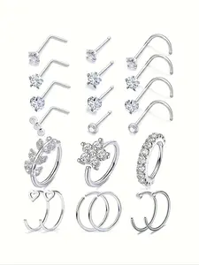 21-Piece Elegant Nose Ring Set for Men & Women, Nose Piercing Kit, 20g Surgical Steel Heart Star Cz L-Shaped Studs, Versatile Spiral Back Piercing Jewelry, Nose Rings Set