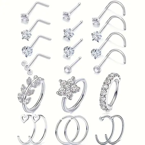 21-Piece Elegant Nose Ring Set for Men & Women, Nose Piercing Kit, Body Jewelry, 20G Surgical Steel CZ Heart Star L-Shaped Studs, Versatile Piercing Jewelry, Nose Rings Set