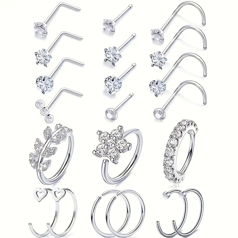 21-Piece Elegant Nose Ring Set for Men & Women, Nose Piercing Kit, Body Jewelry, 20G Surgical Steel CZ Heart Star L-Shaped Studs, Versatile Piercing Jewelry, Nose Rings Set