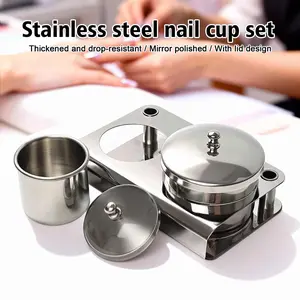 2 acrylic liquid containers, stainless steel acrylic liquid powder cups, stainless steel nail powder rack with lid, for nail design tools