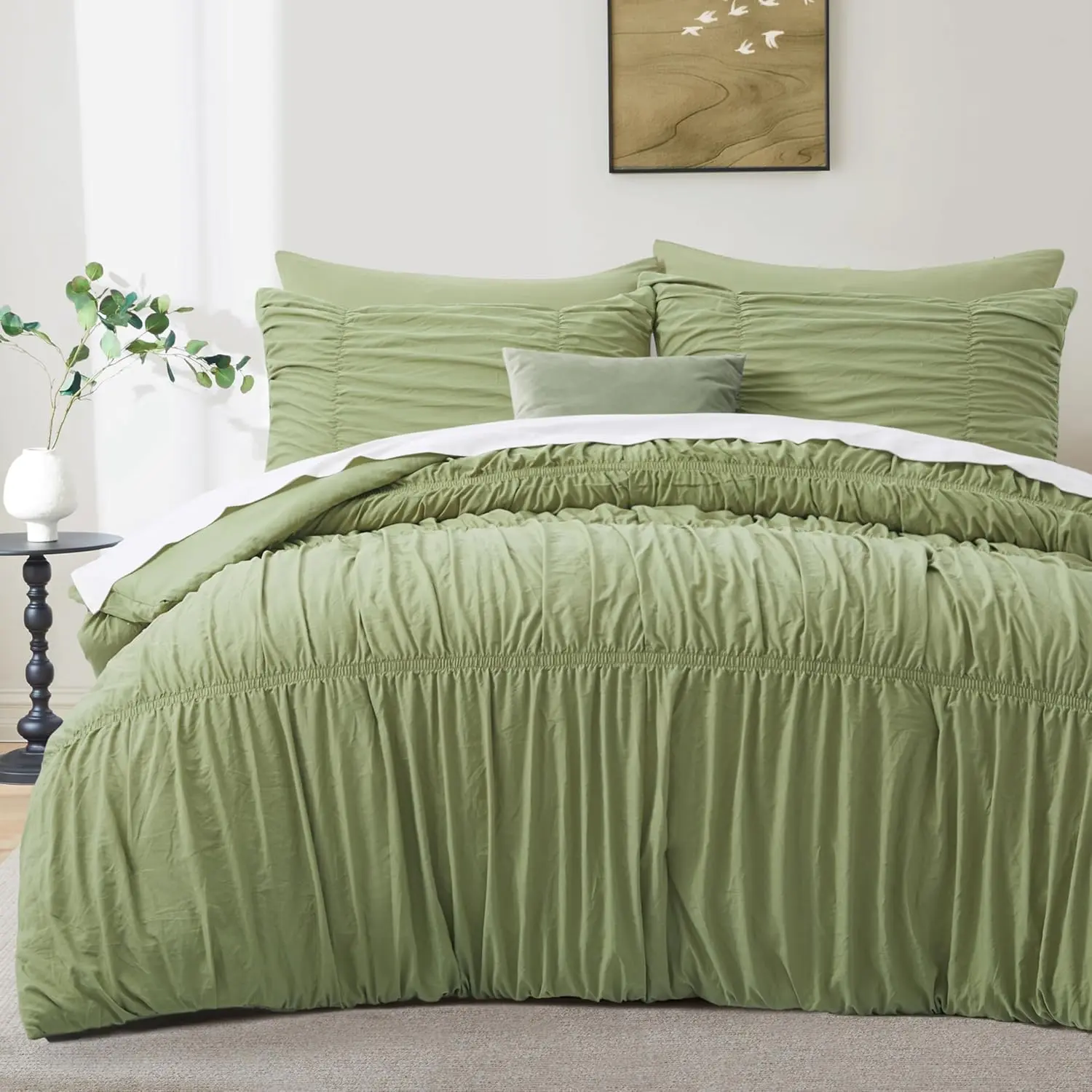 Ruched Comforter Set  Size, 5 count  Comforter with Elastic Design,  Boho Comforter Bedding Sets, Shabby Chic Farmhouse Rustic Style Bedroom Decor  Seasons - Sage Green
