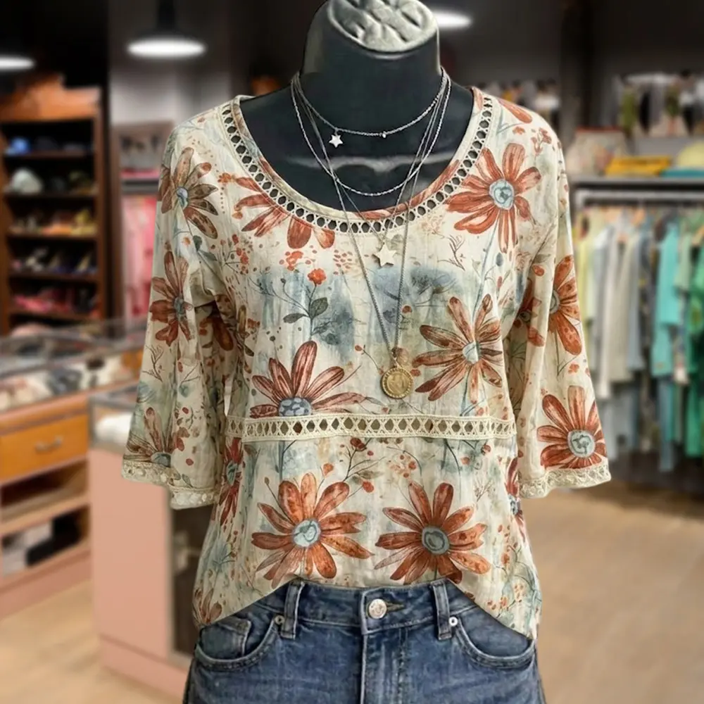 Cherrybetty 100%Cotton Vintage Floral Print Hollow Out Top Womenswear Shirts Blouse Plus Size Fashion Spring Tops Cute Tops For Women Women's Tops Women's Summer Outfits