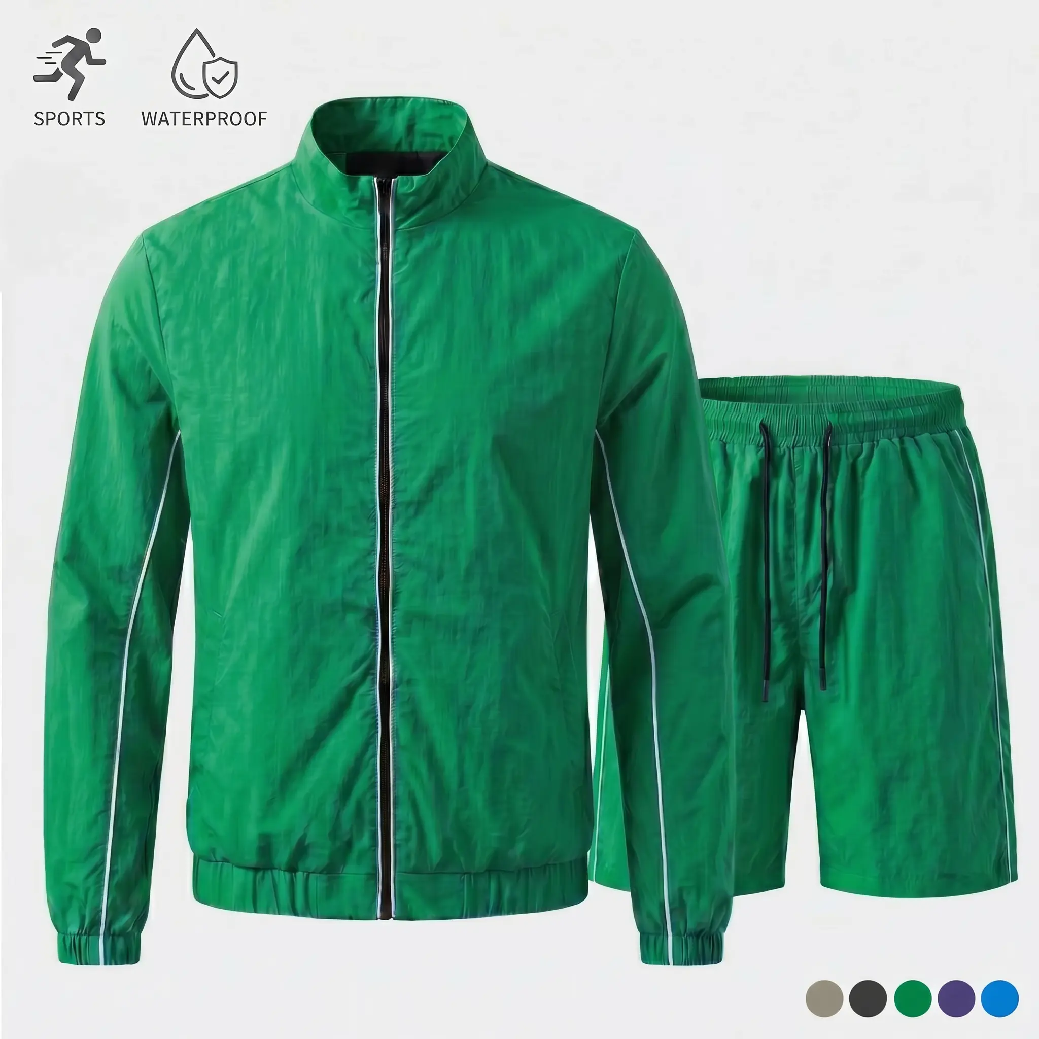Men’s casual athletic set: stylish, relaxed-fit solid color two-piece summer lightweight quick-dry outfit featuring a jacket/outer layer and shorts. Durable fabric, breathable, machine washable—ideal for everyday wear at home and sports.