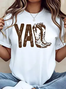 Yall Cowboy Boot Print T Shirt Wear For Women Western Style Outfit Country Music Festival Party Clothes Casual Cotton Menswear Crewneck Graphic Tee Top Womenswear Streetwear Tshirt
