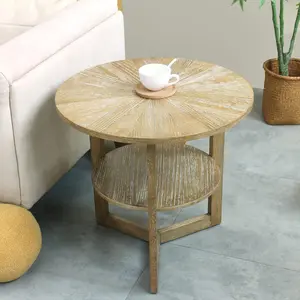 Log Living Room Side Table, Two-Tier Farmhouse-Style Round Side Table, Apartment-Ready Vintage Mid-Century Wooden Side Table, Simple Coffee Table, Side Table with Storage Space Easy Assembly spacesaving