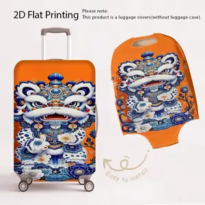 2D Flat Printing Printed Luggage Protective Cover, with Traditional Lion Dance Pattern and Chinese Style Decorative Design on Orange Background and Blue White, Easy to Install, Comes with No Box (Only protective cover sold, luggage not included)