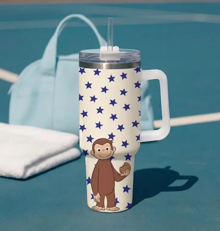 [Gift Box Included] 40oz, 20oz Cute Monkey Star Pattern Print Stainless Steel Tumbler with Handle and Straw Vacuum Insulated Travel Mug Fits Car Cup Holder Cute Gift for Monkey Lovers
