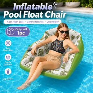 Inflatable Pool Raft for Adults Floral Leaf Style, Thick PVC Mesh Floating Sofa Chair with Cup Holder, Comfortable Single Water Lounger with Backrest for Poolside, Beach, Lake, River, Vacation Travel, Summer Party and Outdoor Relaxation