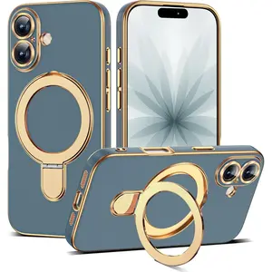 Compatible with iPhone 17 Case with Magnetic Ring Stand [Compatible with Mag-Safe] [Full Camera Lens Protector] Soft Plating Phone Case for iPhone 17 6.3", Grey Blue