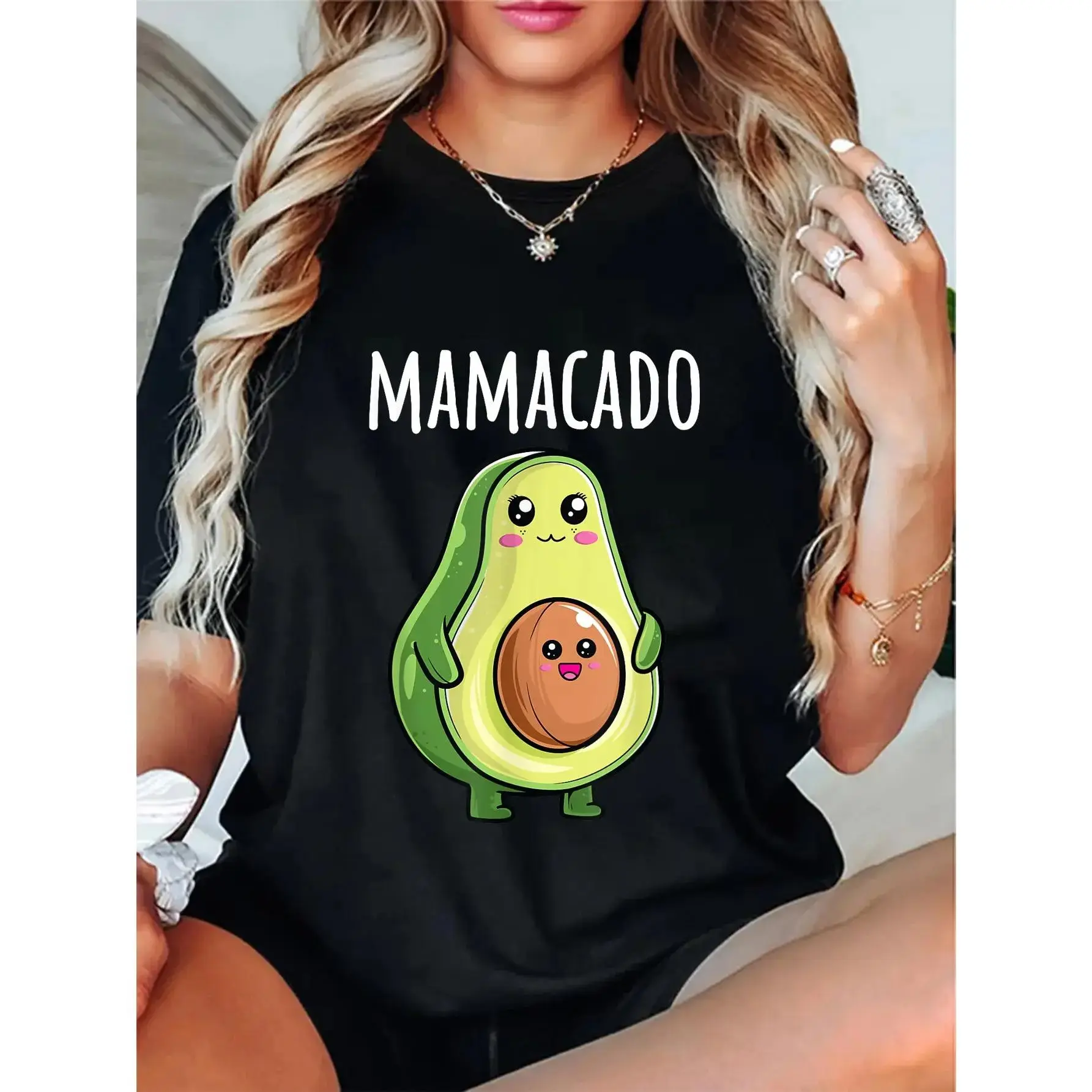 Women's Chic Elegant Printed Short-Sleeve 100% Cotton Funny Mamacado Maternity T-Shirt, Playful Pregnancy Announcement Graphic Top, Tshirt, Shortsleeve