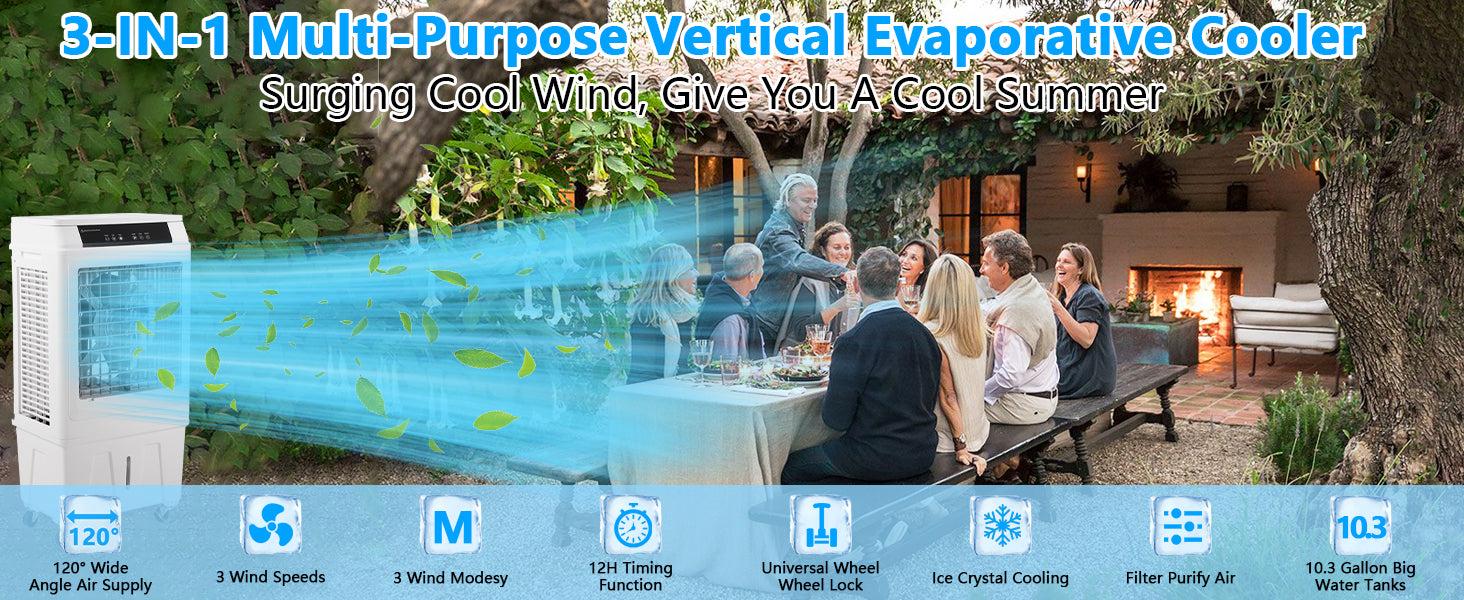 GARVEE Evaporative Air Cooler, GARVEE 3000CFM Swamp Cooler With Remote Control and 12H Timer, 4 Ice Packs, 3 Modes & Wind Speeds for Outdoor Indoor Use, 10.3 Gallon