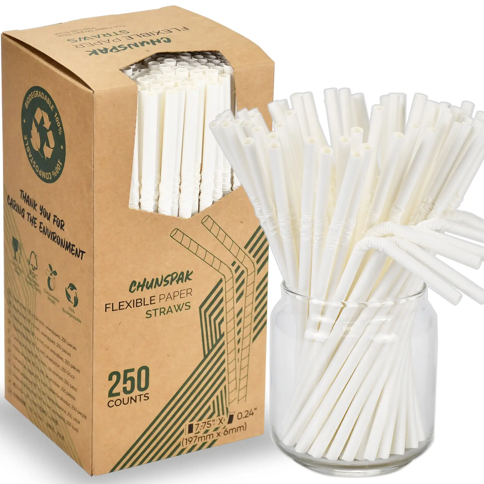 Bendable Paper Straws for Drinking, White, 7 3/4 inches, 250 Count - Great for Kids, Elderly, Home and Restaurant