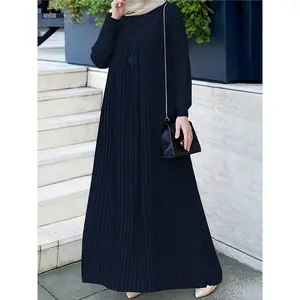 1pc Elegant holiday fashion versatile loose pleated rear zipper solid color suitable for daily wear comfortable casual loose comfortable Women's abaya dress.abayas for women muslim long sleeve dresses for women long frocks for women