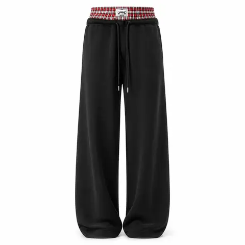Double Waist Washed Baggy Sweatpants Loose Wide Leg Plaid Patchwork Casual Pants with Pockets for Comfortable Wear.There are two specifications: seven points and trousers.Plaid Sweatpants Men's Fit Relaxed