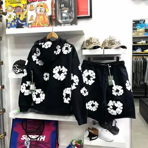 New Y2K Sweatshirt Unisex Classic Flower Puff Print Hoodie Denim Kangaroo Pocket Long Sleeve Pullover Fashion Street Rock Hoodies Floral Tears Menswear