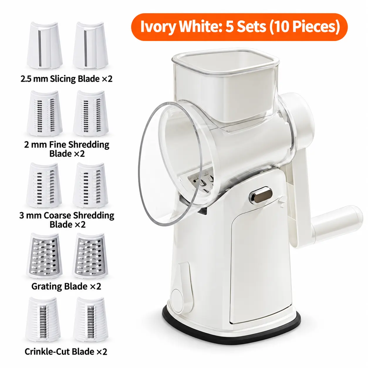 7CODE 10-in-1 Stainless Steel Rotary Cheese Grater & Vegetable Slicer Kitchen Utensil - Hand Crank, Wide Feed Chute, Smooth Transparent Blade, Suction Base, Safety Handle for Snacks, Meal Prep