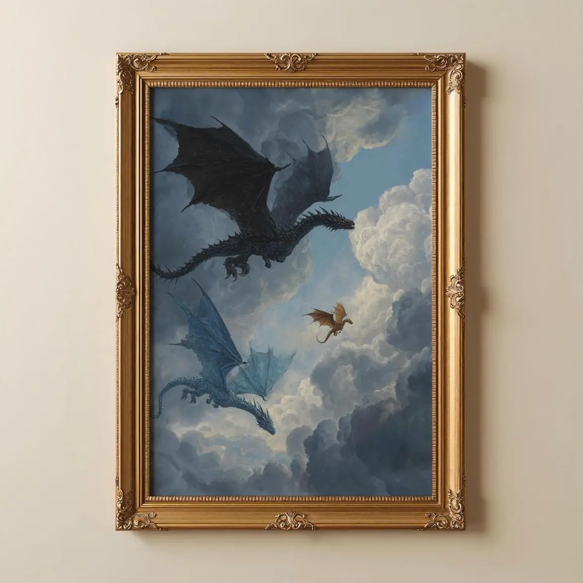 Fantasy Dragon Art Print | Book Inspired Wall Decor | Flying Dragons Painting | Dark Academia Aesthetic | Cozy Fantasy Room Art, Trendy Outfits, Stay Ahead of the Game, Gildan Unisex, Premium Quality Cotton