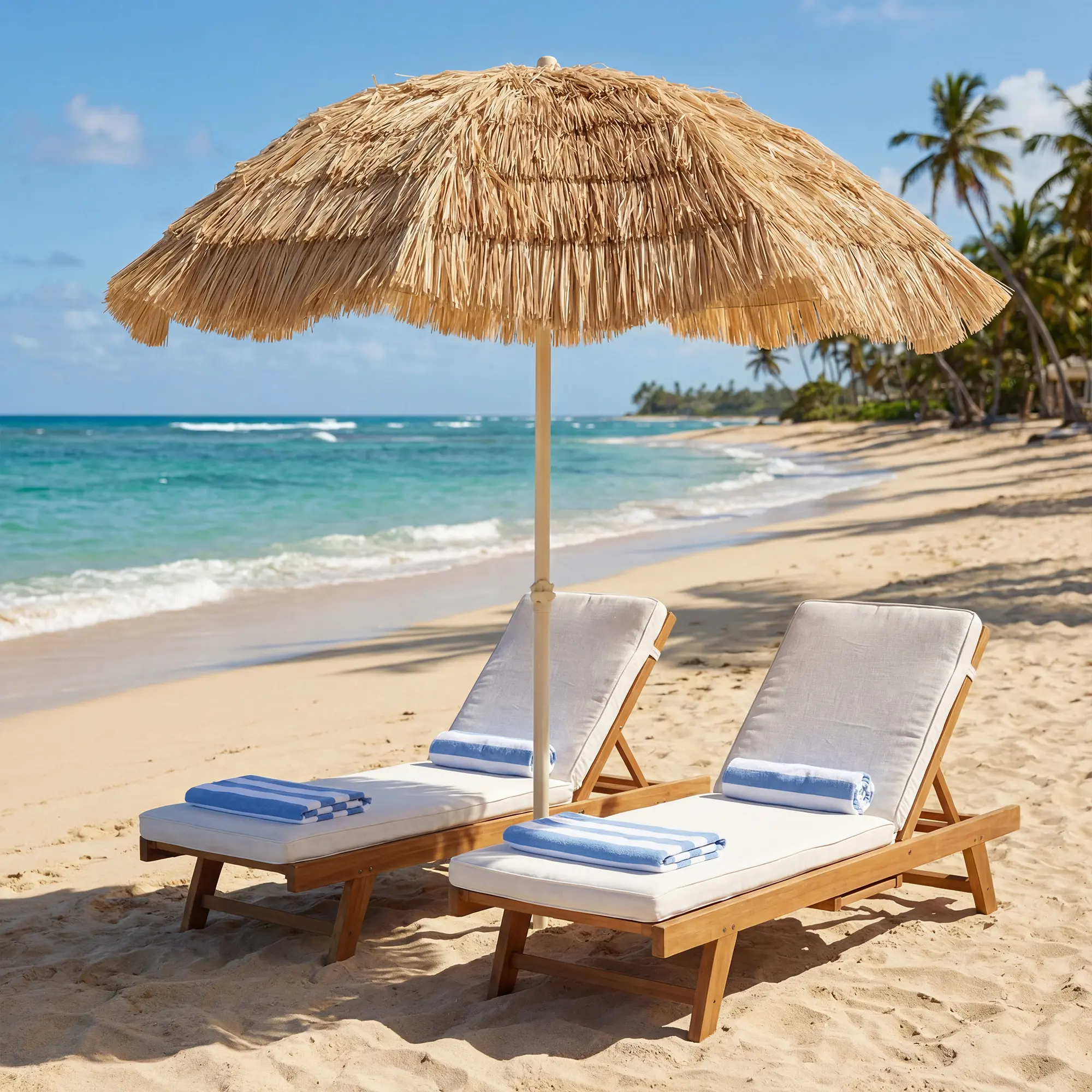 6FT Tiki Umbrella – Outdoor Hawaiian Style Patio Umbrella with 8 Ribs, Carry Bag, Faux-Straw Canopy, UPF 30+, Spiral Sand Base, Adjustable Height (59"-74.8"), for Beach, Pool, Deck, Tropical Palapa