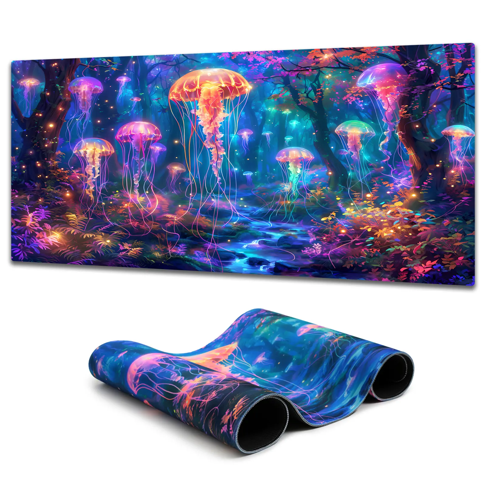 Large Fantasy Forest Jellyfish Gaming Mouse Pad - Blacklight Fairytale Waterproof Desk Mat, 31.5" x 11.9" Extended Non-Slip Rubber Base for Office & Home