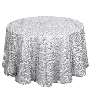 Sequin 120" Round Tablecloth Silver - Seamless Big Payette Design Table Cover