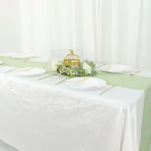 Polyester 9ft Table Runner Sage Green with Gold Foil Modern Geometric Accent