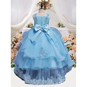 (New)Elegant Blue Princess Tulle Dress for Girls - Sleeveless, Round Neck, Long Flowing Gown with Floral Embellishments, Perfect for Weddings, Pageants, and Special Occasions, Princess Dress for Girls
