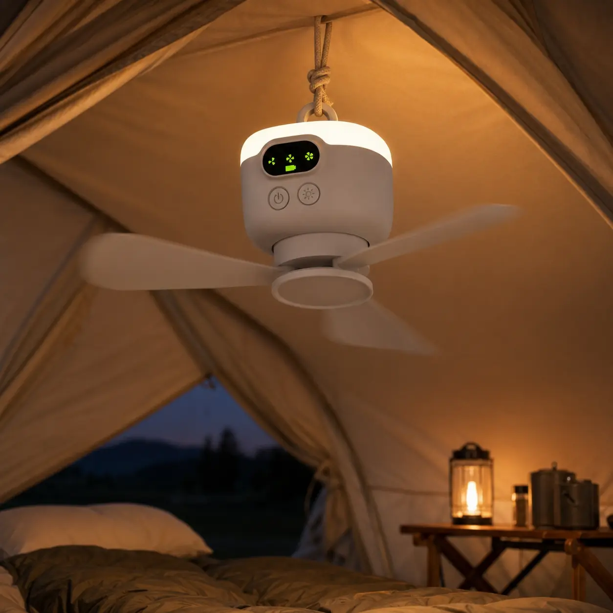 Serbasic Battery Operated Ceiling Fan, 4 Wind Speeds 11" Portable Camping Tent Fan with Lights - Outdoor Hanging Rechargeable- Hook Type Remote Fans for Patio Canopy Beach Dormitory Bedroom