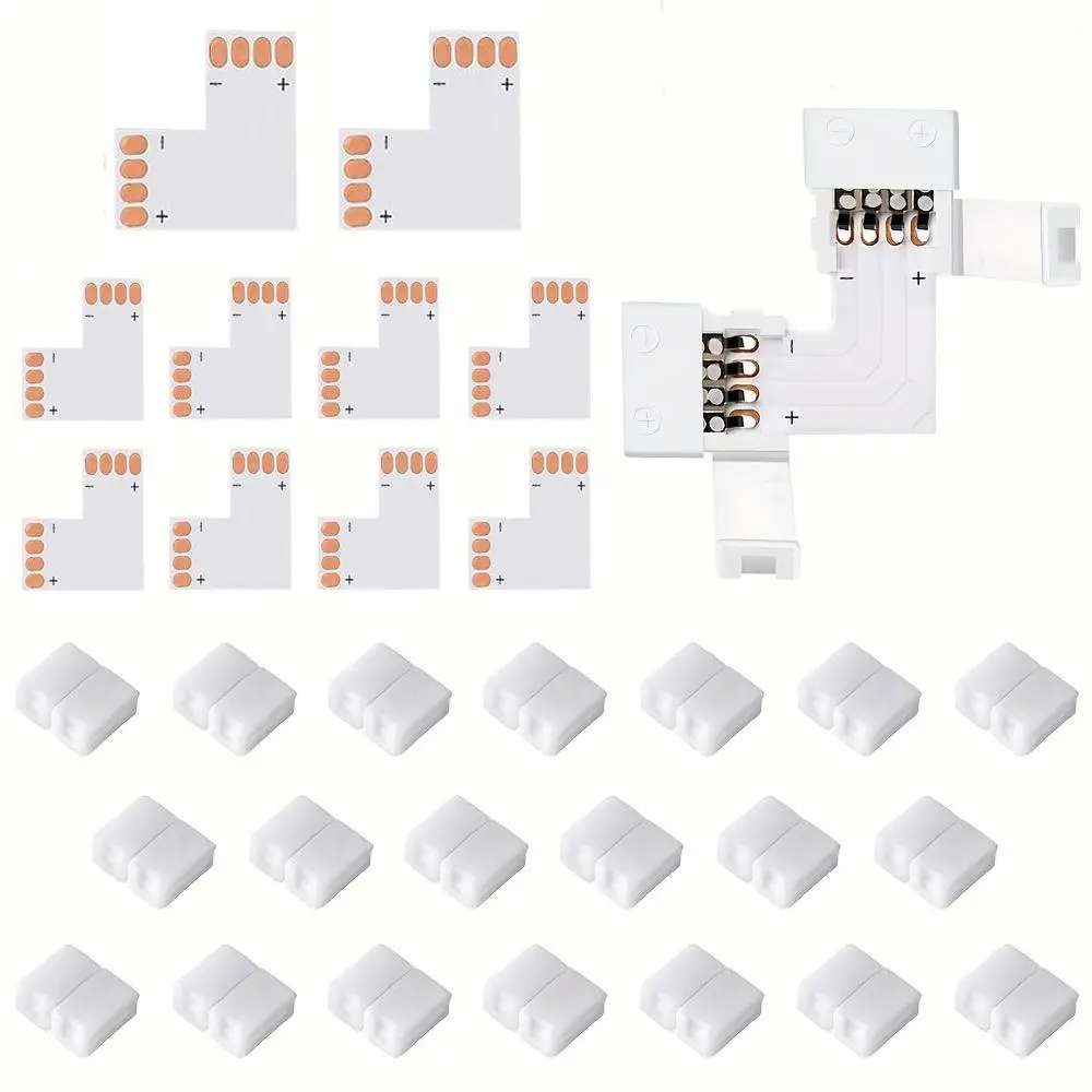 L-shaped LED Strip Light Connector, 1 Set 4 Pin Self-adhesive Strip Light Splitter with 20pcs Clips, Connectors Solderless Adapter Connector Terminal