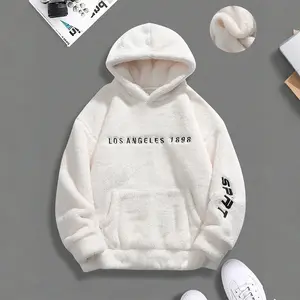 Men's White Hooded Fleece Jacket with 'Los Angeles 1898' Embroidery Soft Plush Fabric Loose Fit Casual Style