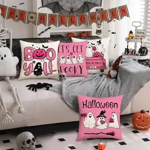 4pcs pink Halloween pillowcases, 18x18 inches per set of 4, playful Halloween decorative cushion cover, cartoon ghost, pumpkin, bat pillow cover, suitable for home, living room, sofa, bed, outdoor terrace, Halloween decoration (no pillow core)