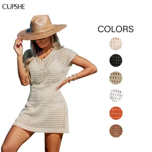 CUPSHE Boho V-Neck Crochet Beach Cover Up - Cinched Waist Slim Fit Mini Dress | 2026 Beach to Street Summer Vacation Essentials for Women