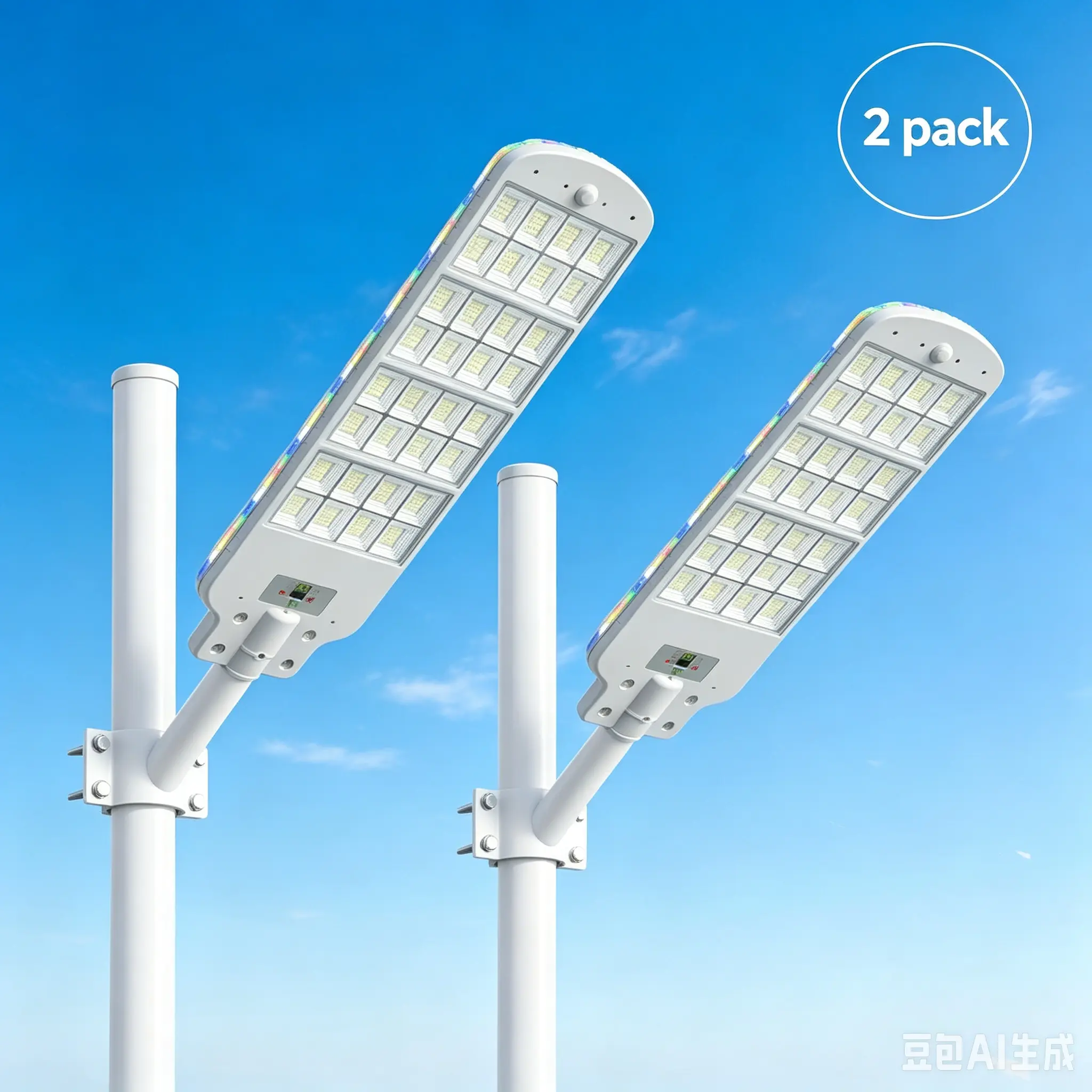 2 Pack,26-Inch IP66 Waterproof Solar Street Flood Light, Outdoor Wall-Mount Fixture with Remote Control, Motion Sensor, RGB Side Lights, Dusk-to-Dawn Function for Entryway, Driveway