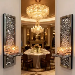 Christmas Decorative Accent Candelabras - Glass Home Ornament with 2 Golden Crystal-Effect Candle Sconces, Living Room Statement Wall Decor (Candles/Lights Not Included)